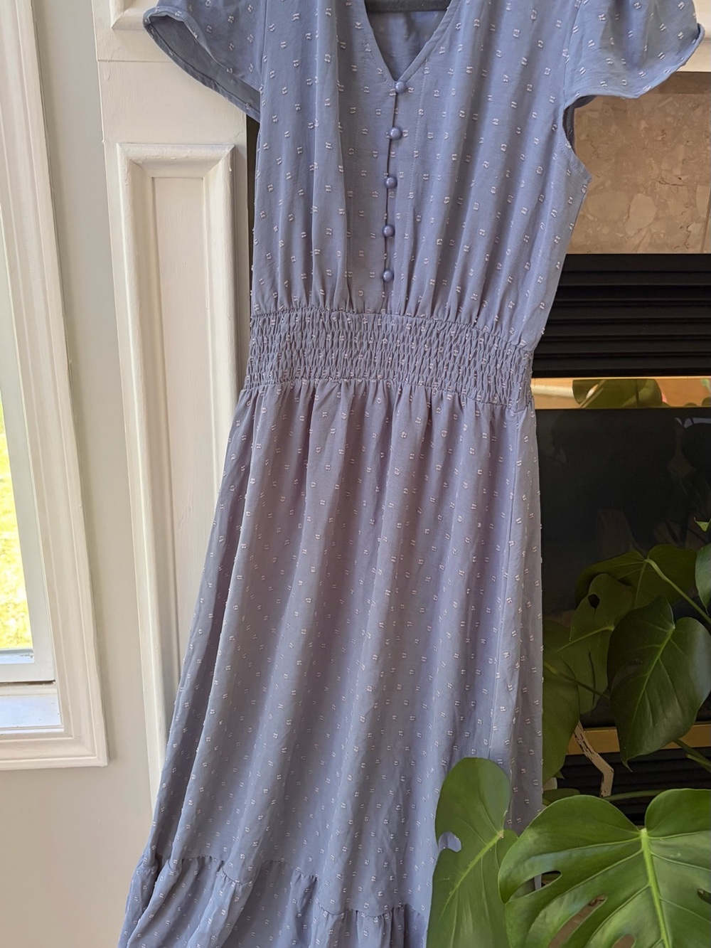 Light Blue Button-Front Midi Dress with Smocked Waist
